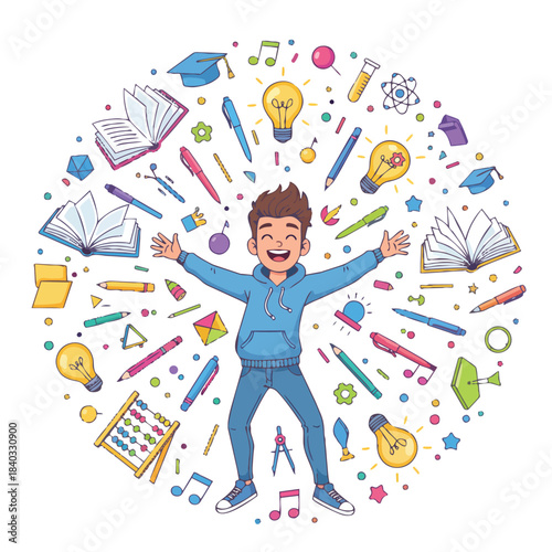  explosion of colorful study icons, floating books, pens, and lightbulbs around a joyful teenager, energetic composition, cartoonish yet modern illustration, symbolizing creativity and motivation, no 