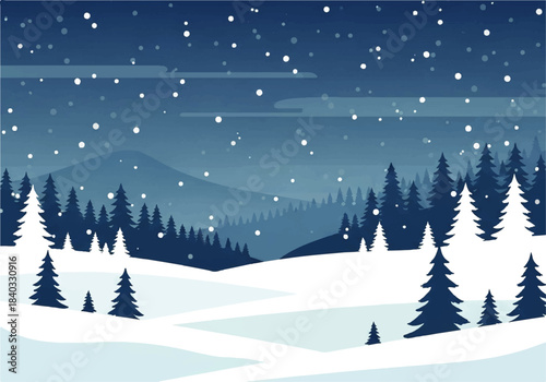Night Winter Forest Landscape with Snowfall