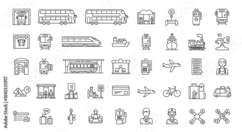 Transportation icon set featuring various modes of transport and related elements, isolated on, ideal for travel and logistics projects