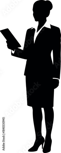 Businesswoman silhouette holding a tablet, representing a corporate professional engaged in data analysis or information review, symbolizing modern business efficiency and technological use.
