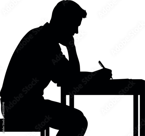 Silhouette of a focused man sitting at a desk, actively writing notes or completing an important exam, with one hand supporting his chin in deep contemplation and thought