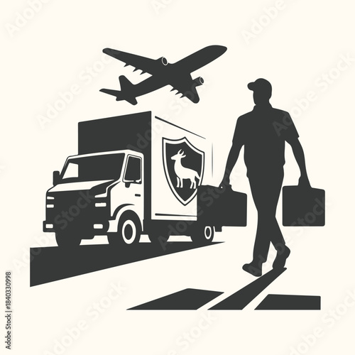 Silhouette of delivery truck man with suitcase and airplane vector illustration