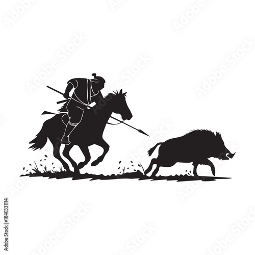 Brave Mounted Hunter Chasing Wild Boar Across Rugged Terrain in Dynamic Silhouette Scene.