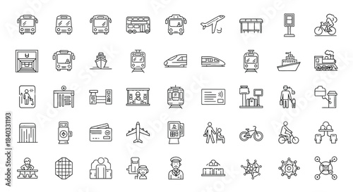 Set of linear icons of public transport and airport infrastructure urban passenger transportation isolated on