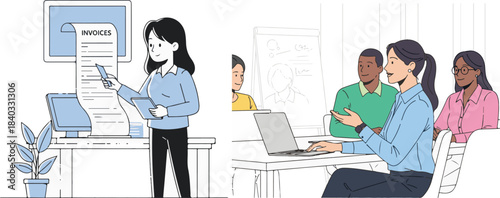 Flat Style Illustration of Business Meeting and Invoice Tracking