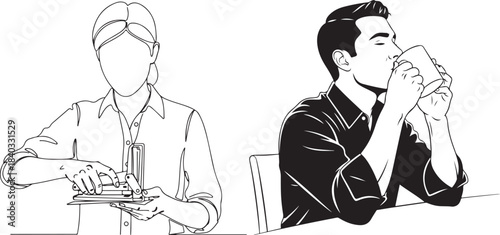 Black and White Line Art of Office Professionals at Work