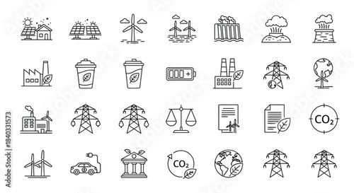 Set of ecology and green energy icons isolated on, renewable energy, sustainable lifestyle, environmental protection concept