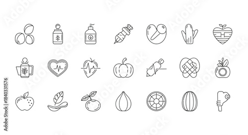 Collection of various healthy food and lifestyle icons isolated on perfect for health, wellness, and nutrition related projects