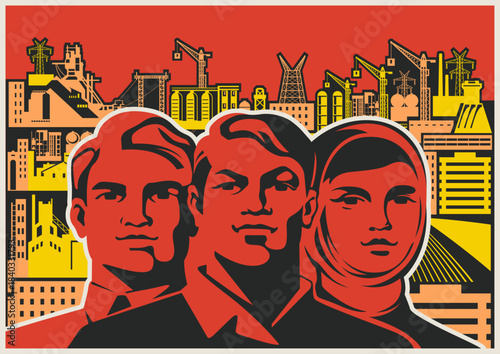 Retro Style Working Propaganda Poster, Working People, Factory, Plant, Construction Site. Vintage Placard Style Vector Illustration