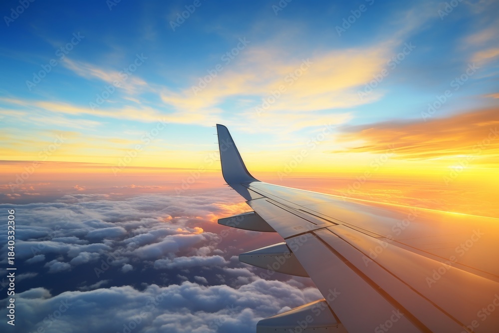 Obraz premium Stunning aerial view of airplane wing against dramatic sunset sky with clouds below