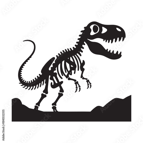 Ferocious Tyrannosaurus Rex Skeleton Silhouette Standing on Rock Against White Background. 