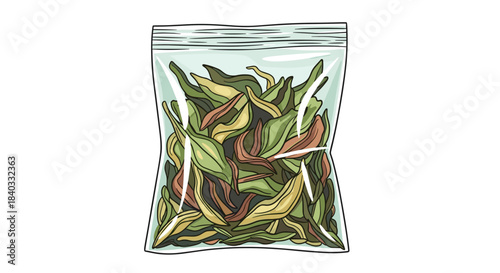 Illustration of loose tea sachet with colorful leaves isolated on white background, showcasing vibrant hues and detailed textures in a clear package
