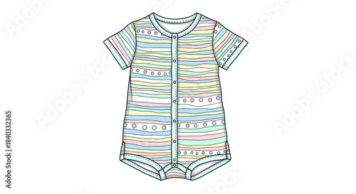 Colorful short sleep romper with playful stripes and patterns, isolated on a white background, showcasing a vibrant and cheerful design