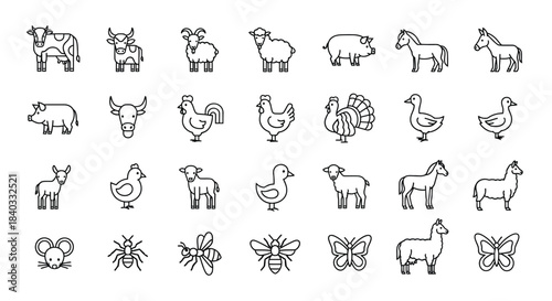 Collection of farm animal icons in outline style isolated on set of linear icons of domestic animals and insects