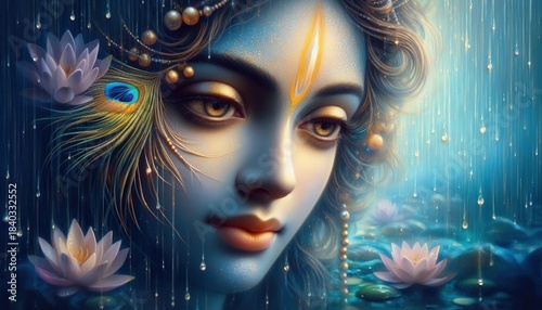 Serene close-up of krishna with peacock feather oil painting