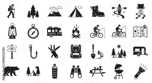 Collection of camping icons isolated on, representing outdoor adventure, nature, and recreational activities in a simple design