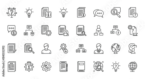 Business and management icons representing strategy, analysis, and organization isolated on a set of corporate symbols and planning tools
