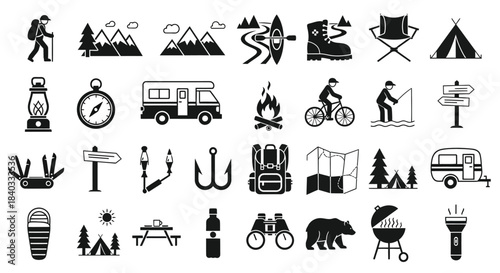 Set of camping and outdoor activity related line icons vector symbols for graphic and web design isolated on