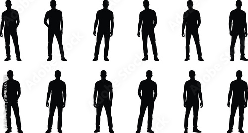 Male human silhouette collection in standing neutral poses isolated on white background for character design reference and commercial stock usage