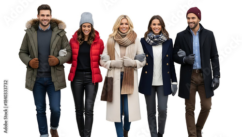 A group of five friends, dressed in warm winter clothing, are seen walking together with arms interlocked isolated on a transparent background