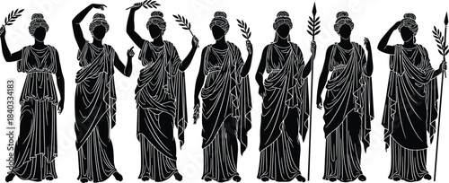 Ancient Greek Goddesses or Muses Silhouettes, Holding Olive Branches and Spears, Classical Mythology Vector Art, Black and White.