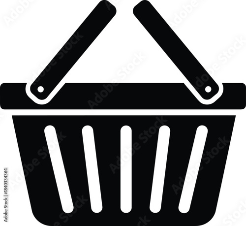 Black silhouette shopping basket icon, representing retail, commerce, buying, cart, grocery, market, supermarket, purchasing, and consumerism, isolated vector graphic illustration