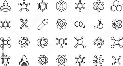 Black line icons set of atoms, molecules, DNA, chemical structures, carbon dioxide, genetics, and scientific research symbols, representing chemistry, laboratory, and biology concepts, isolated vector