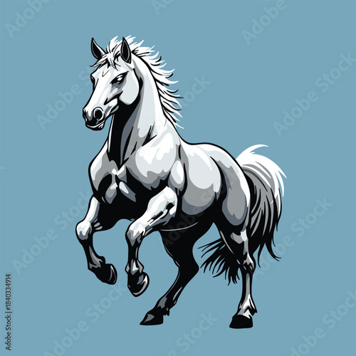 a powerful rearing horse illustrated in a clean detailed vector style, showing dynamic motion, muscular form and expressive energy, ideal for sports, branding, logos and graphic design projects