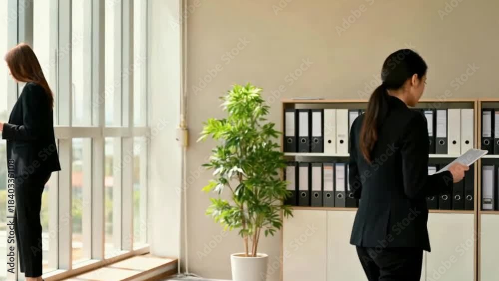 custom made wallpaper toronto digitalSerious female executive manager in formal suit walks into office with digital tablet to check office workflow, Confident female business owner using touch pad looking at window