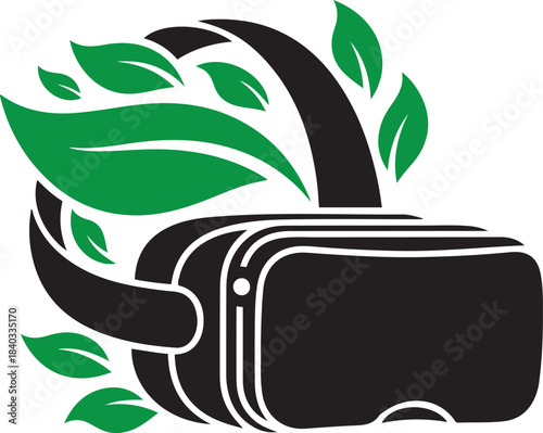 Black virtual reality headset with green leaves emerging from the top and sides VR headset technology