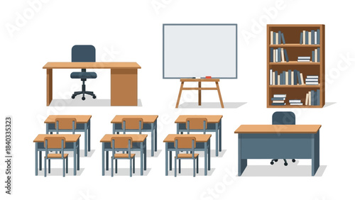 Classroom Furniture Set: Teacher Desk, Student Tables, Chalkboard, Chair, and Bookshelf Illustration