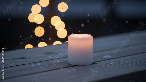 Cozy winter candle on wooden windowsill with falling snow and warm Christmas lights