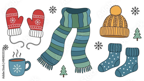 A collection of cozy winter clothing items including mittens, a scarf, a hat, socks, and a warm drink with snowflakes.
