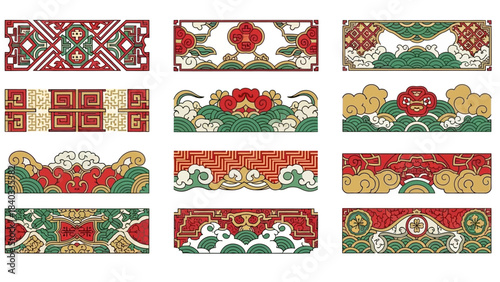 Collection of traditional East Asian decorative banner designs featuring intricate floral, cloud, and geometric patterns in red, green, and gold.