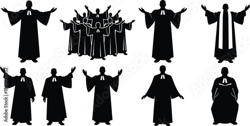 Set of Priest and Clergy Silhouettes, Men in Robes with Hands Raised in Prayer, Religious Worship Vector Icons, Black and White.