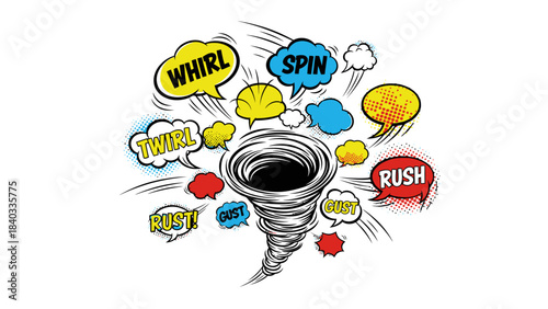 Dynamic Tornado Whirlwind with Comic Book Style Speech Bubbles