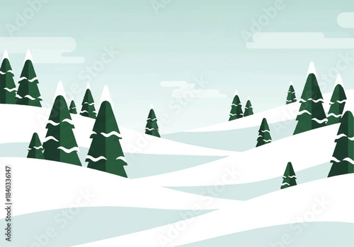 Winter Landscape with Green Pine Clusters