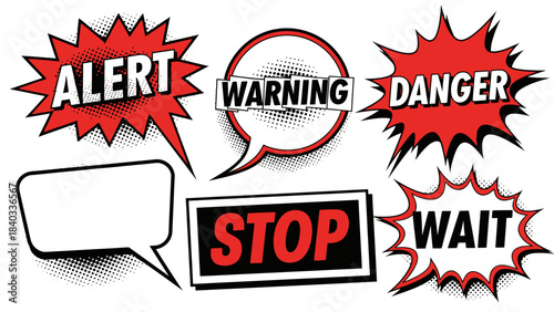 Comic warning signs set alert danger wait and stop vector illustration
