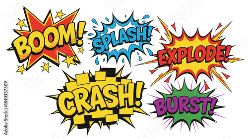 Colorful Comic Explosion Words Effects Set Vector Illustration