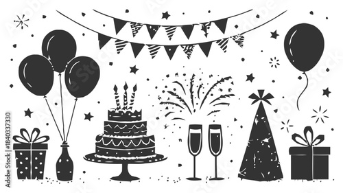 Christmas Party Items Silhouette Vector with Balloons and Gifts