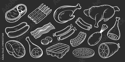 Chalk Style Meat Cuts and Butcher Products Illustration.