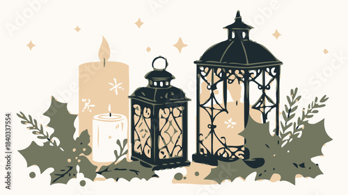 Festive Candle and Lantern Silhouette Vector with Christmas Lights