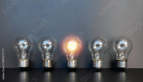 Concept of originality and inspiration with a single lit bulb in a row of dark bulbs.