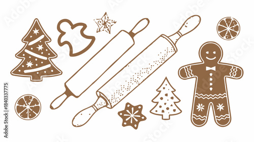 Holiday Baking Tools Silhouette Vector with Rolling Pin and Whisk