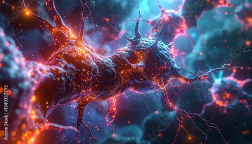 Glowing neural network; orange, blue, and white particles emanate around cell bodies