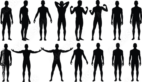 Collection of Black Silhouette Male Figures in Various Standing and Posing Positions, Simple Flat Vector Illustration Set for Body, Health, or Fitness Graphic Design, Isolated on White Background,