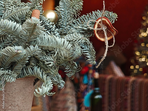Holiday decorated trees in public venue with warm cozy interior atmosphere.