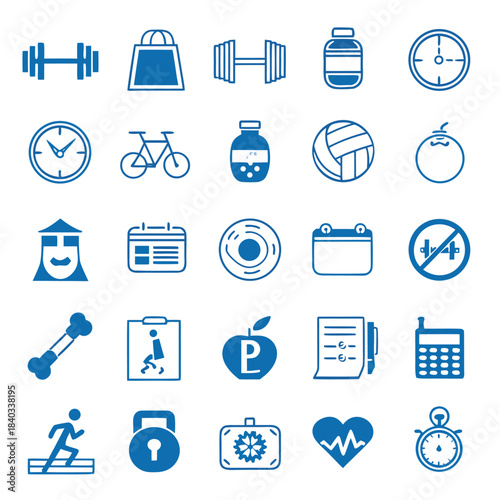 Collection of various fitness and health related icons including sports equipment and healthy food items