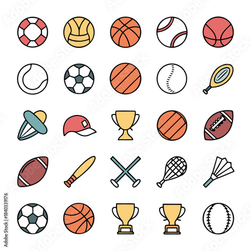 Collection of various sports equipment and awards in a colorful vector illustration set design