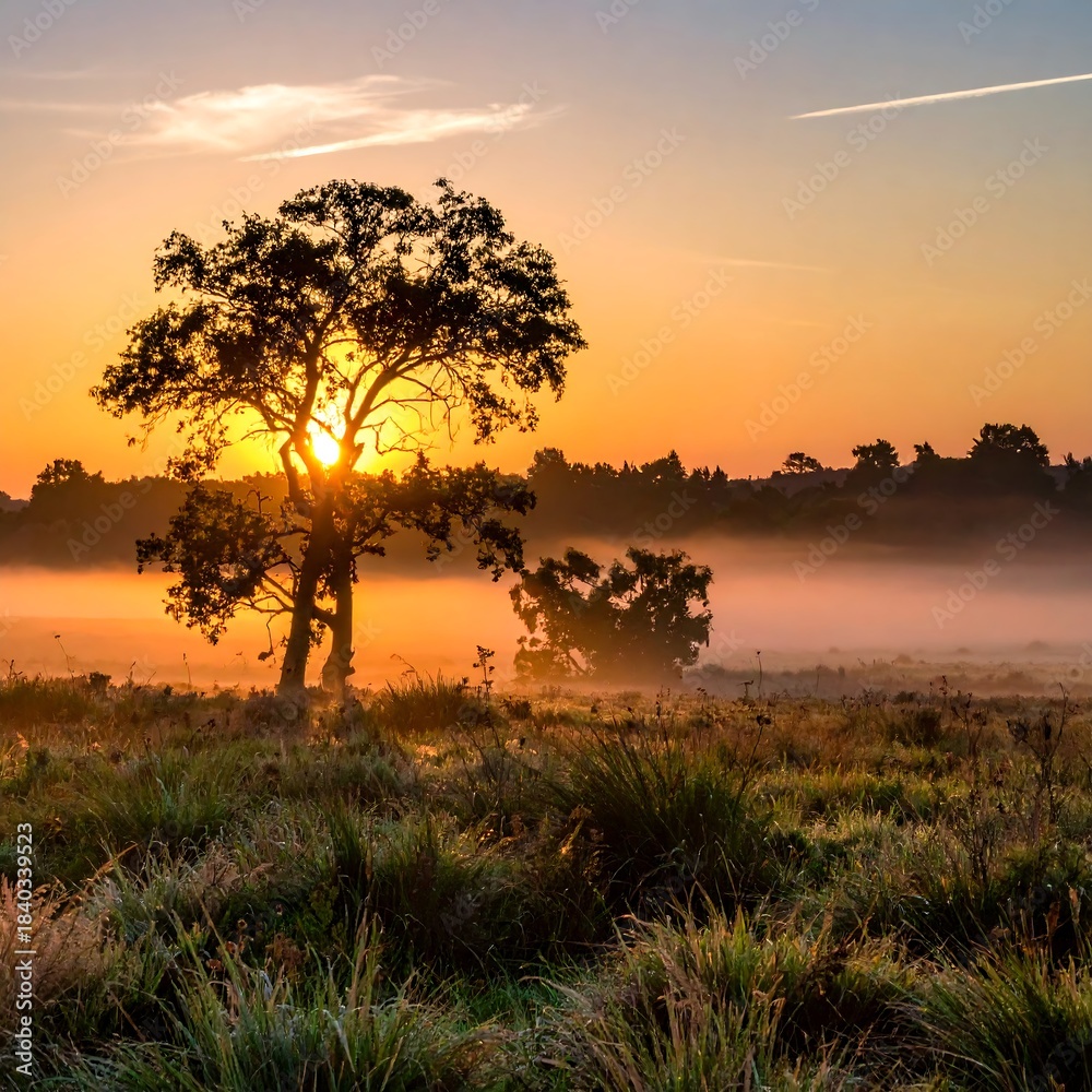 Naklejka premium Sunrise over a misty field with a lone tree